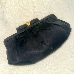 Vintage Brownstone Studio NY Black Satin Pleated Bow Clutch Evening Bag